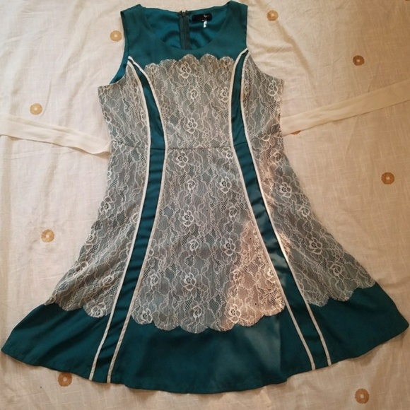 Modcloth Ryu Teal & Ivory Lace A-line Dress - Picture 3 of 8